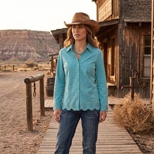 Relativity Teal Shirt with Unique Cut Out Hem Design